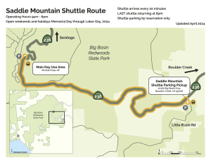 A map of the shuttle path from Saddle Mountain lot to the main Big Basin entrance