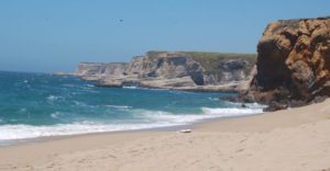 sandy beach gives way to a cliffy coastline