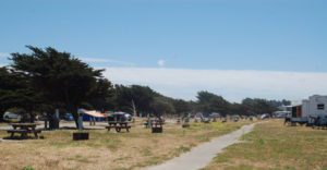 picnic tables and campers populate a grassy clearing