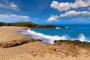 fluffy clouds over a bright blue seashore