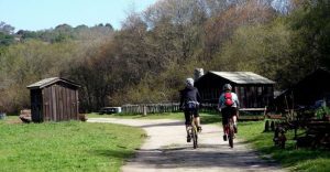 Two bikers along a trail at wilder