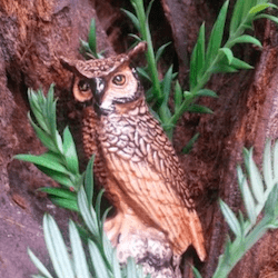 Fake owl nestled in a tree hollow