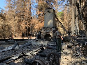 Lone chimney stands in burnt remains of a building