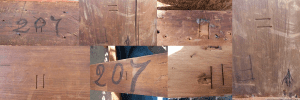collage of wooden couch parts with 207 on them
