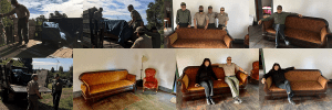 volunteers and state parks workers sitting on the finished castro couch