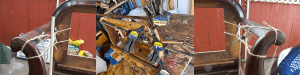 clamps and twine hold together the wooden limbs of a couch