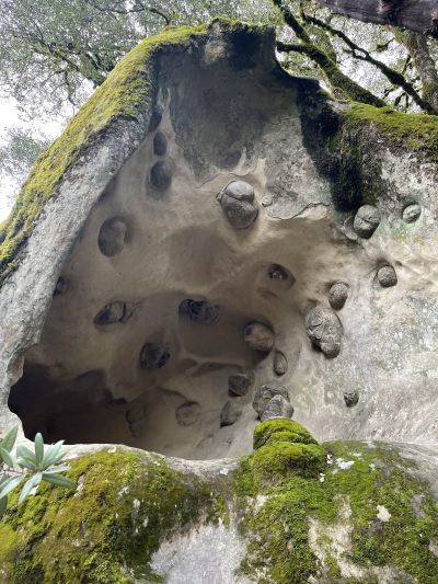 Cave dotted with smaller, eroded rocks making a dimple pattern on the cave wall and ceiling.