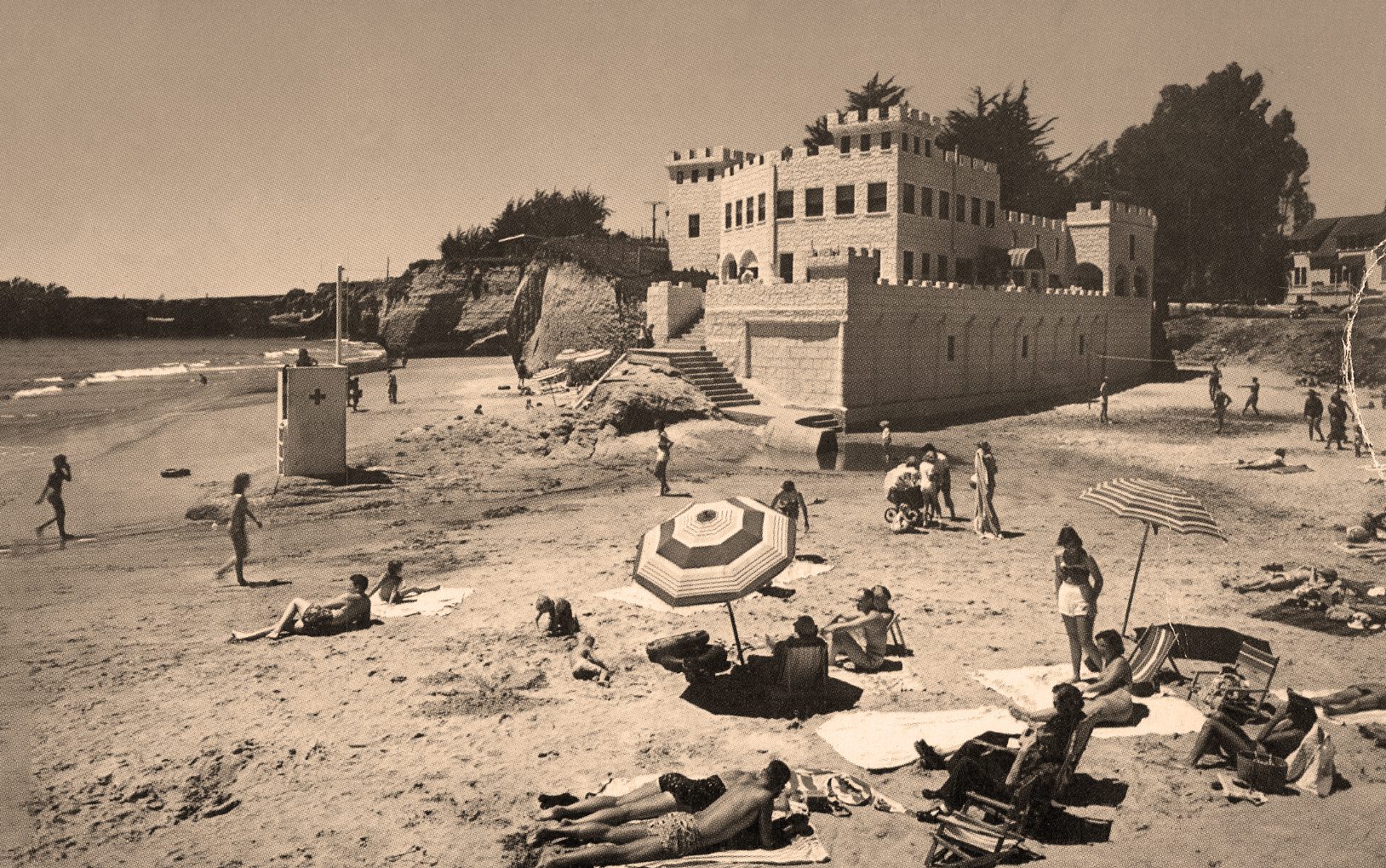 A sepia historical photograph of the old castle on Seabright state beach