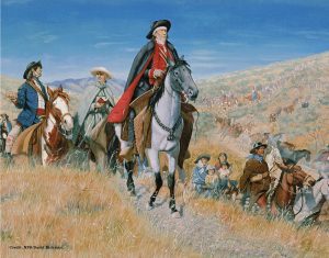 Image of people traveling by horseback while other herd there cattle along with them
