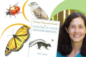 Marni Fyling with her book cover and sketches of animals