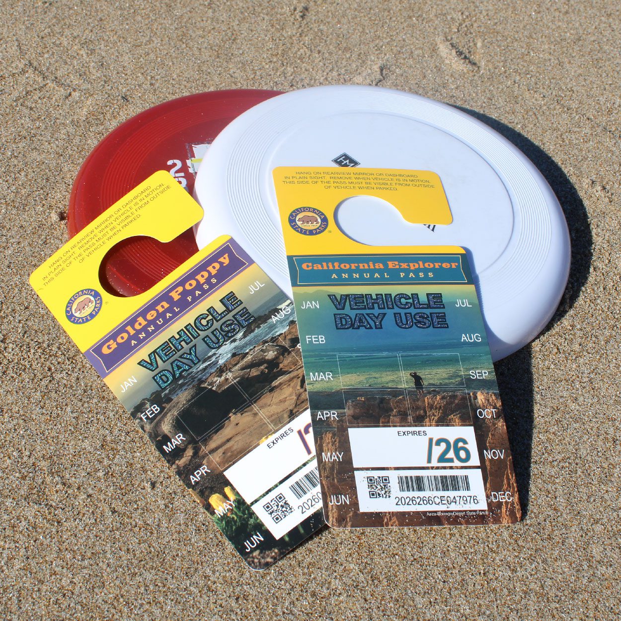 Two State parks passes resting on two frisbees